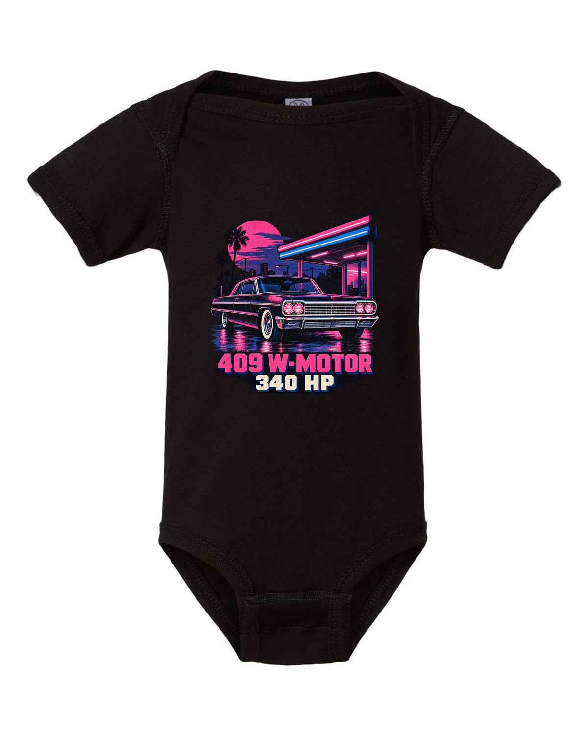 1964 Chevrolet Impala SS in pink and blue risograph neon rain with text 409 W-Motor 340 HP black baby onesie front view with the design