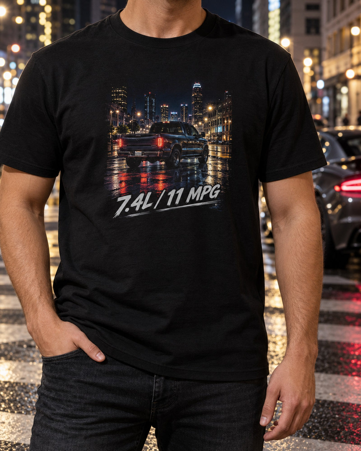 Chevy 454 SS Pickup 80s Airbrush Chrome Tee, 7.4L 11 MPG T-Shirt Black worn hero