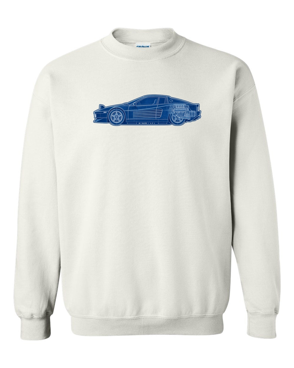 Cyanotype blueprint style print of the Ferrari Testarossa F110 with the text 48 valves, 4.9 L white crewneck front view with the design