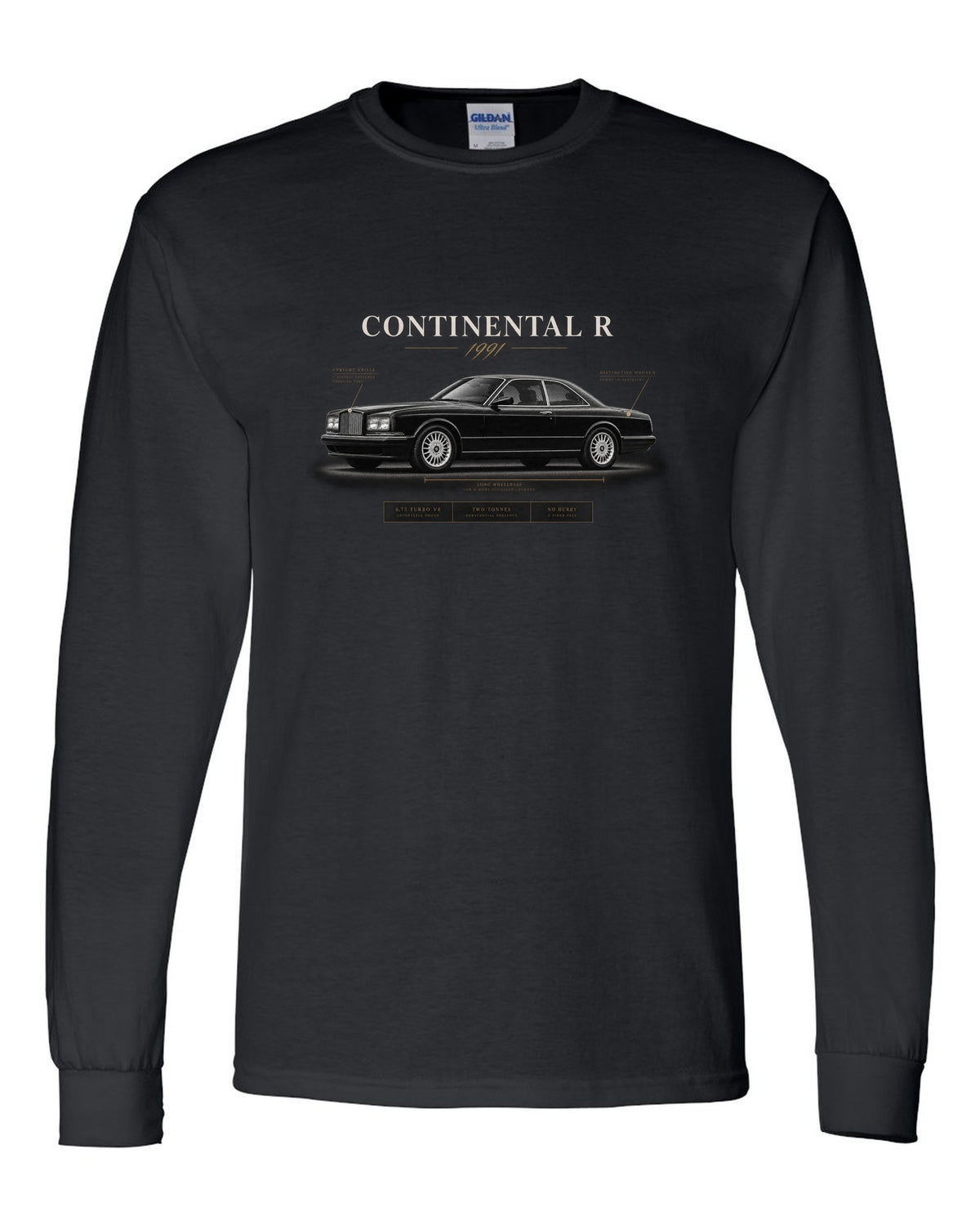 Bentley Continental R 1991 spec poster with 6.75 turbo V8 black long sleeve front view with the design