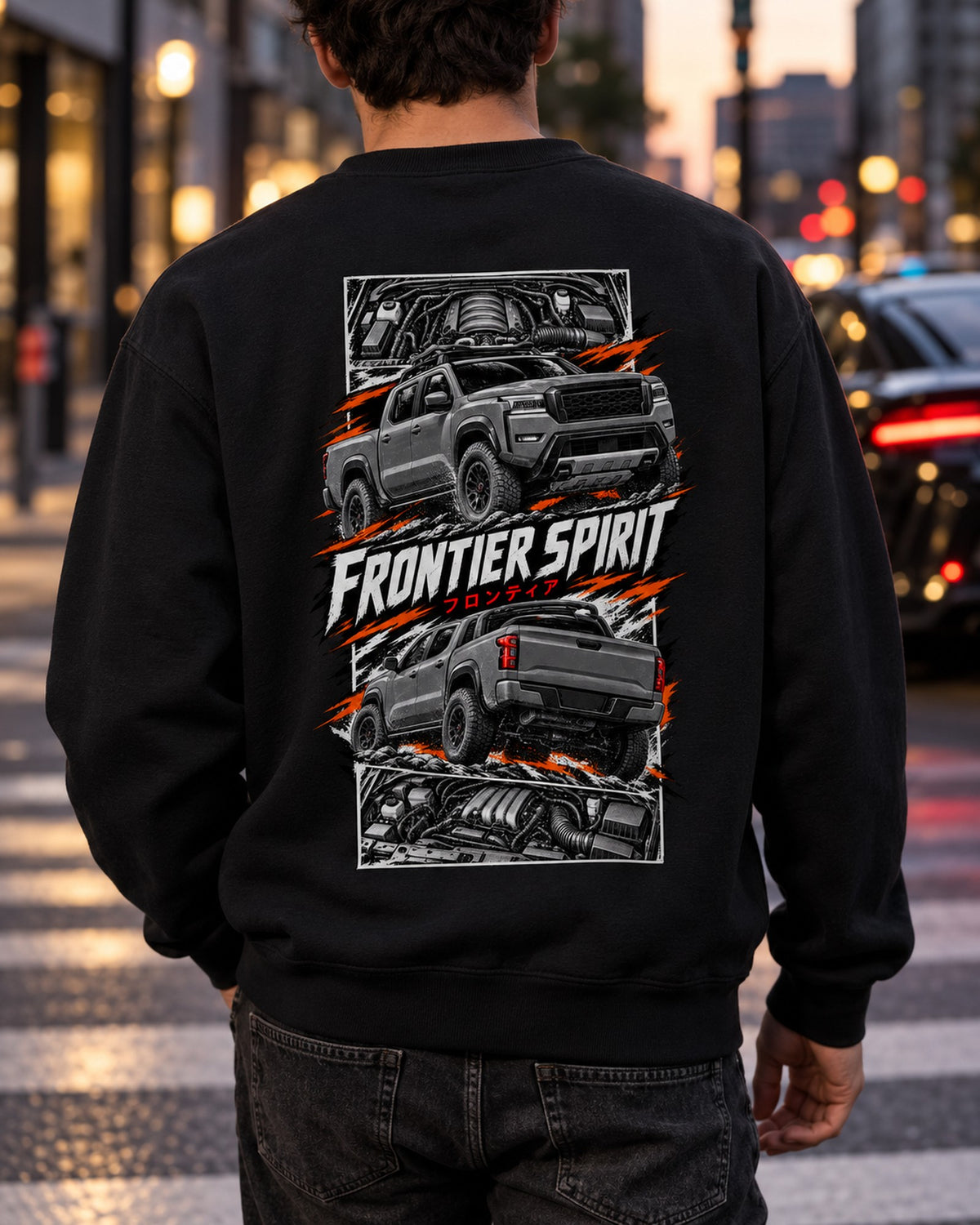 Nissan Frontier Torn Poster Full-Back Graphic Tee Crewneck Black worn hero