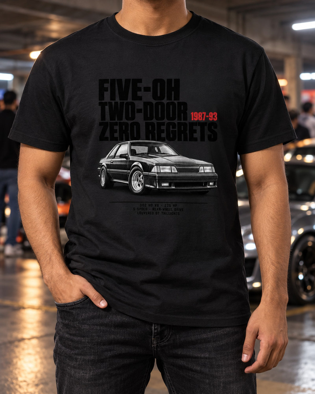 Ford Mustang Fox Body Notchback Halftone Shirt, 1987-93 GT T-Shirt Black worn hero