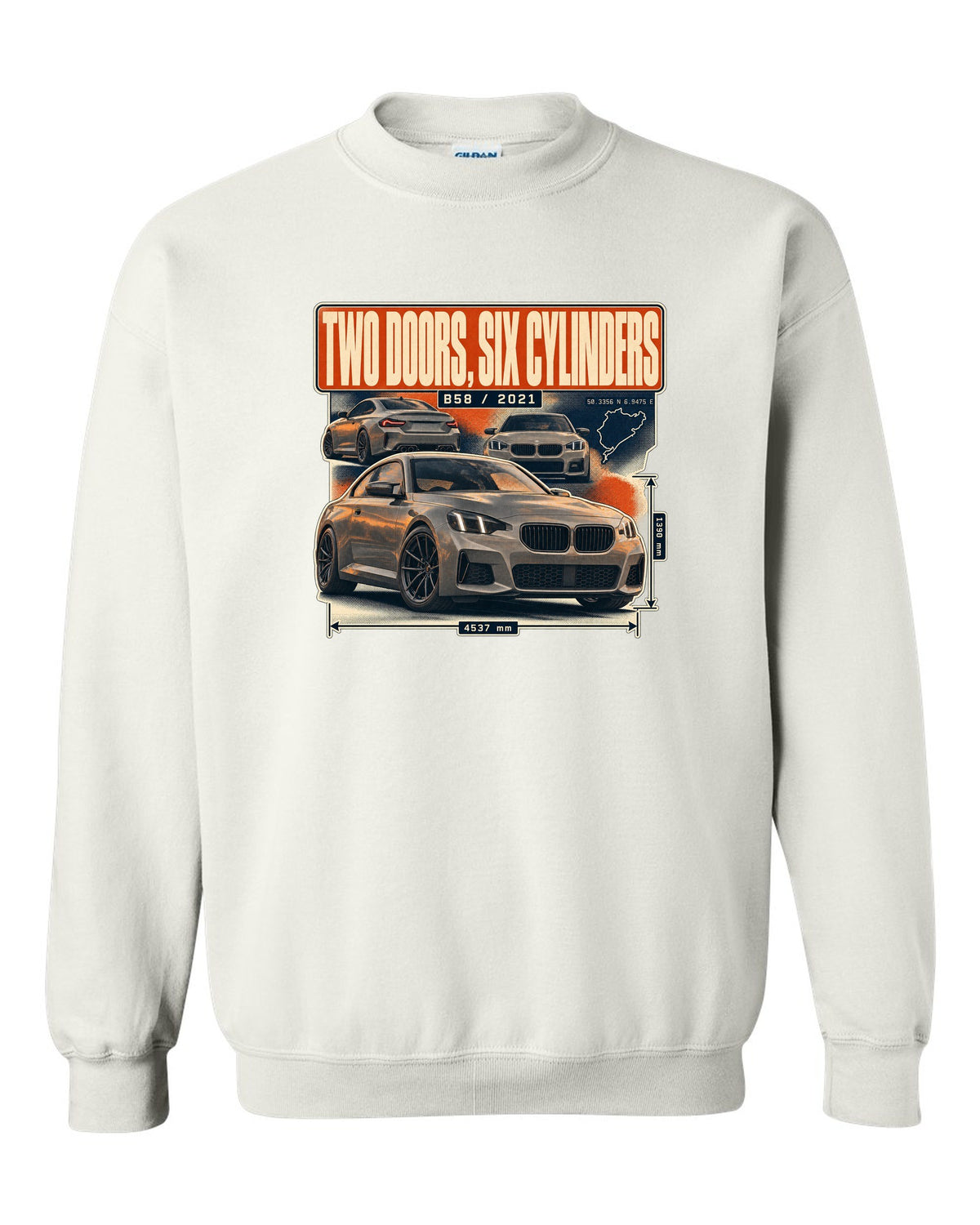 BMW M240i G42 coupe magazine-style editorial headline print white crewneck front view with the design