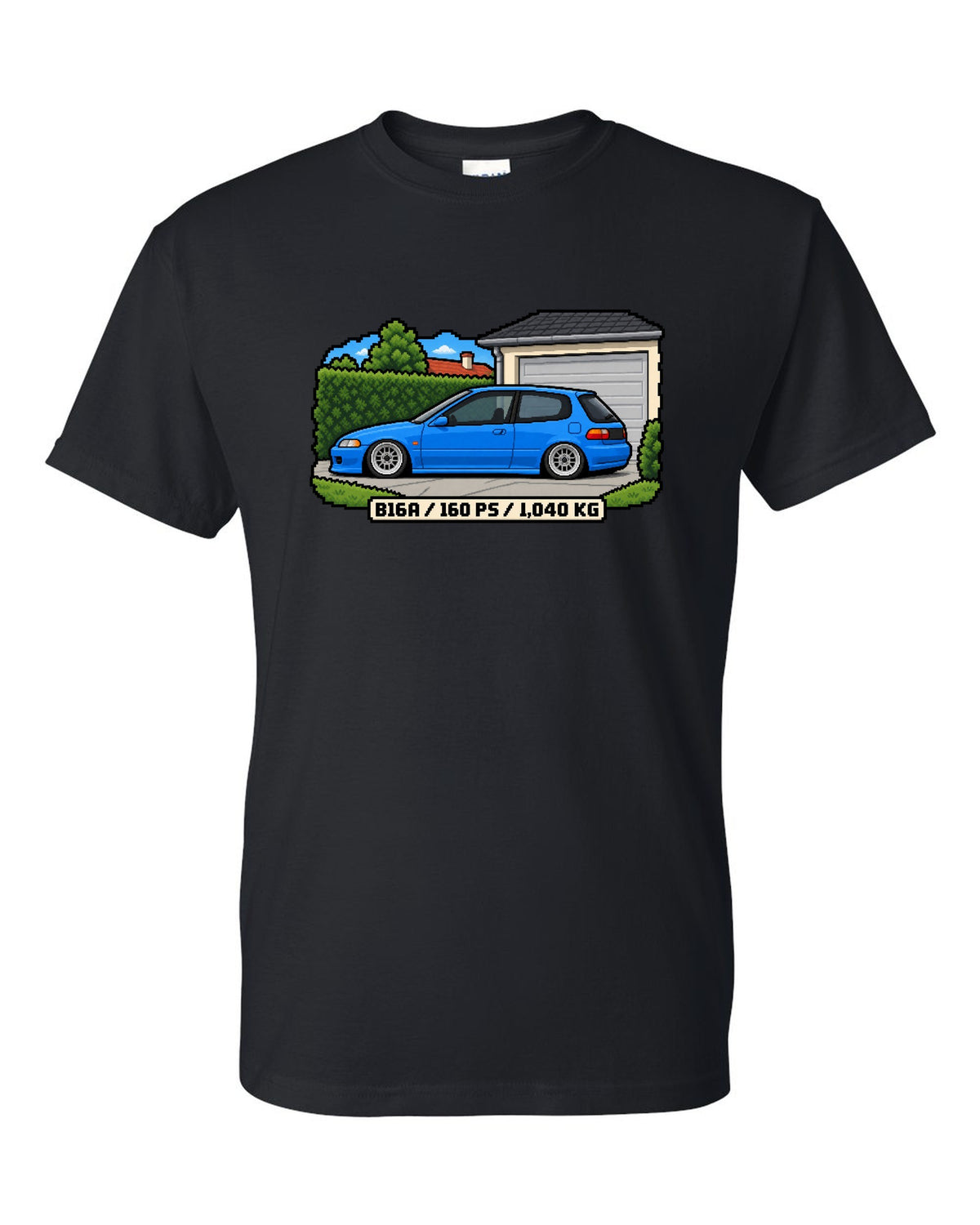 16-bit pixel art print of a 1992 Honda Civic EG6 ch with B16A and 160 PS text black t-shirt front view with the design