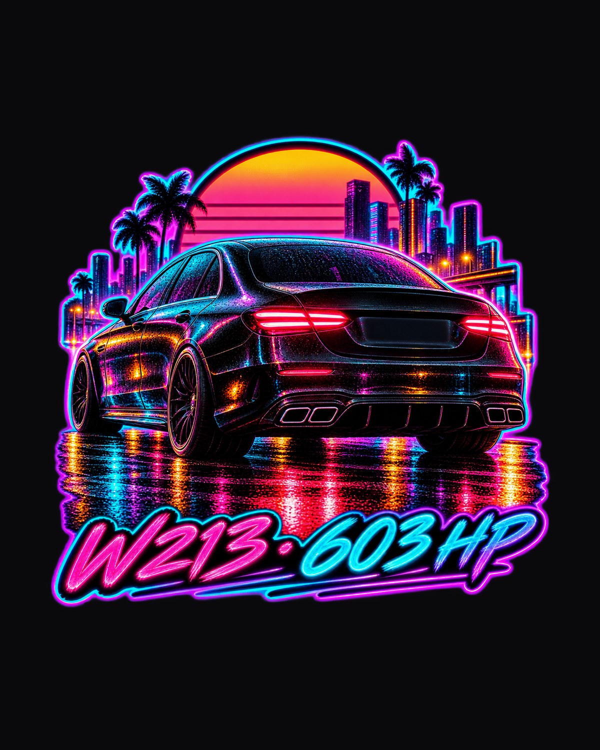 Mercedes E63 AMG W213 Synthwave Wet Road Shirt, 603 HP design only
