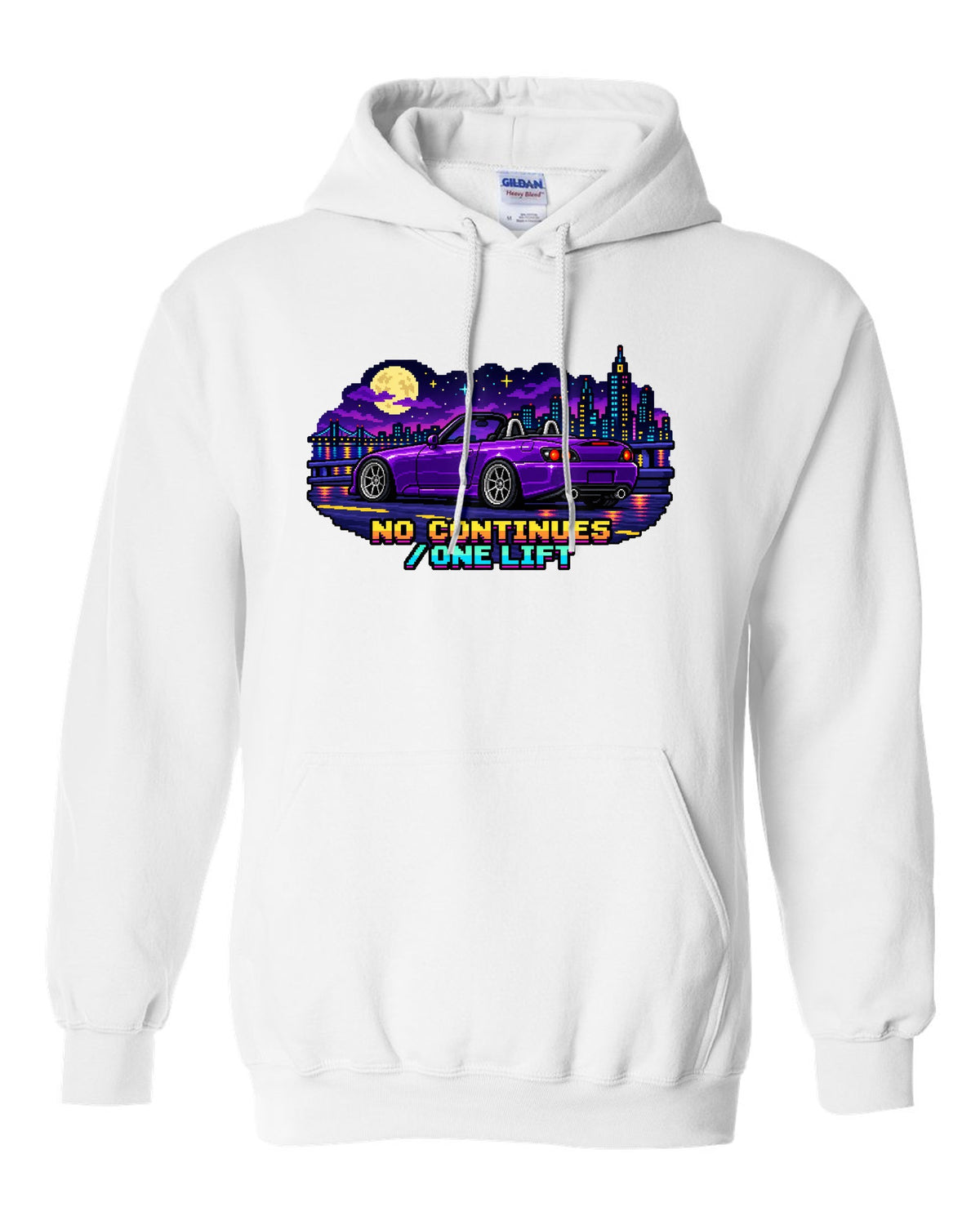 16-bit pixel art Honda S2000 AP2 roadster print with no continues one lift text white pull over hoodie front view with the design
