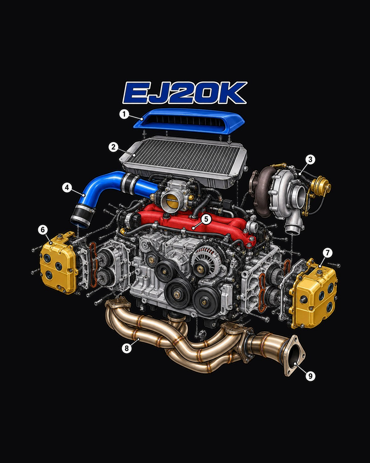 Subaru Impreza WRX GC8 EJ20K Exploded Engine Diagram Tee design only