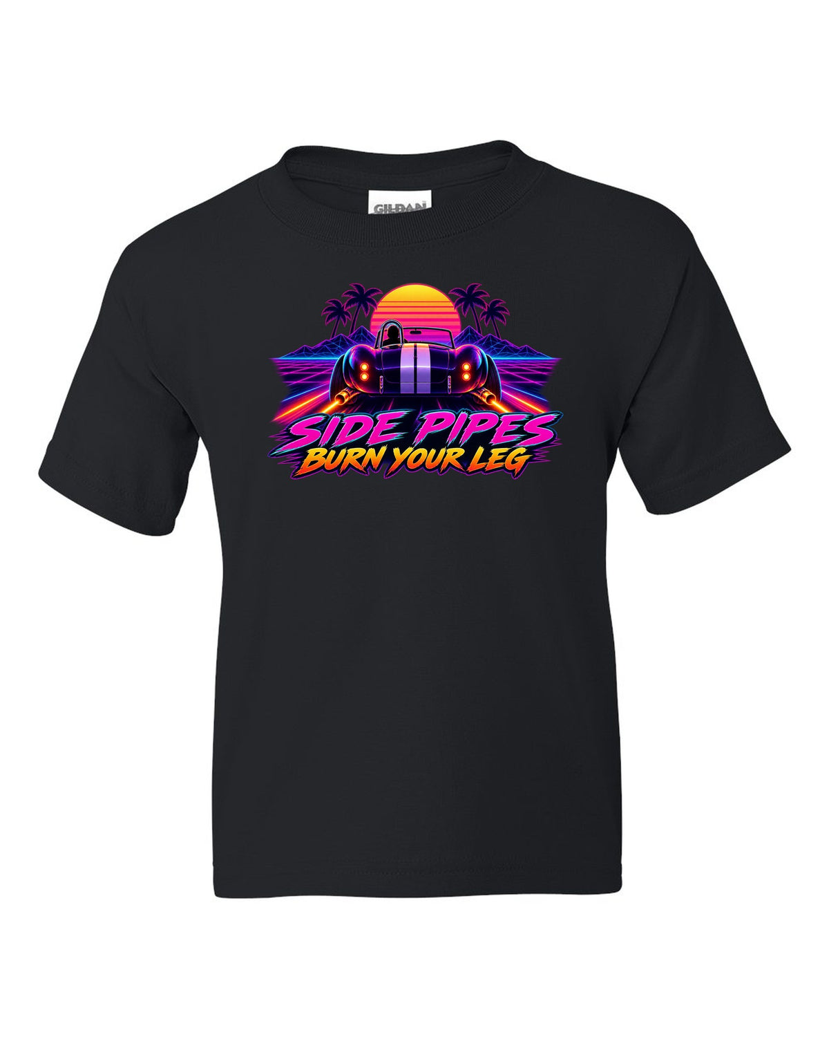 Shelby Cobra 427 Side Pipes Synthwave Outrun black kids tee front view with the design
