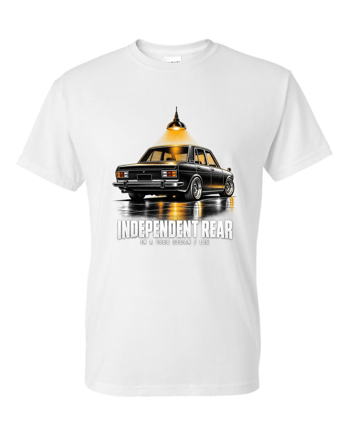 print of a 1968 Datsun 510 PL510 sedan from the rear three-quarter in a night garage white t-shirt front view with the design
