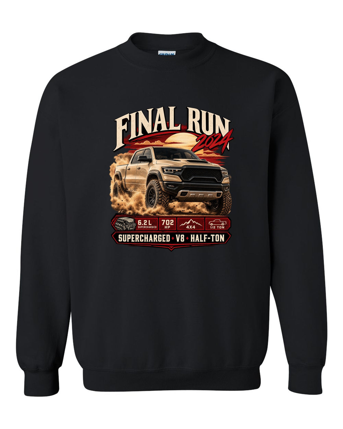 Archive panel print of a 2024 Ram 1500 TRX Final Edition with final run and supercharged V8 text black crewneck front view with the design