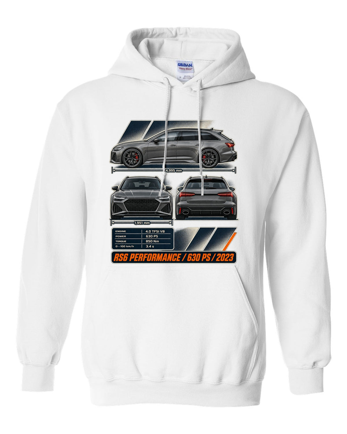 Audi RS6 Avant Performance three-view drawing with spec table white pull over hoodie front view with the design