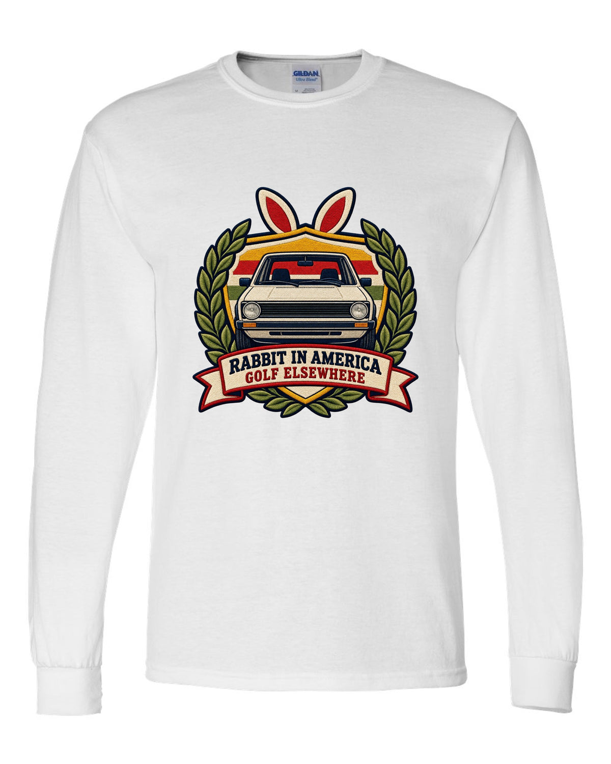 Varsity crest print of a VW Golf Mk1 Rabbit with Golf elsewhere text white long sleeve front view with the design