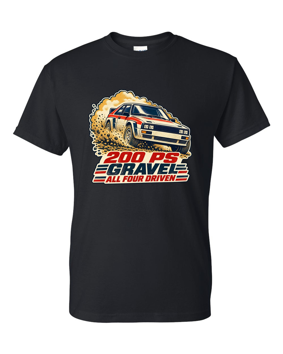 Vintage rally poster screenprint print of an Audi Ur-Quattro Type 85 on gravel black t-shirt front view with the design