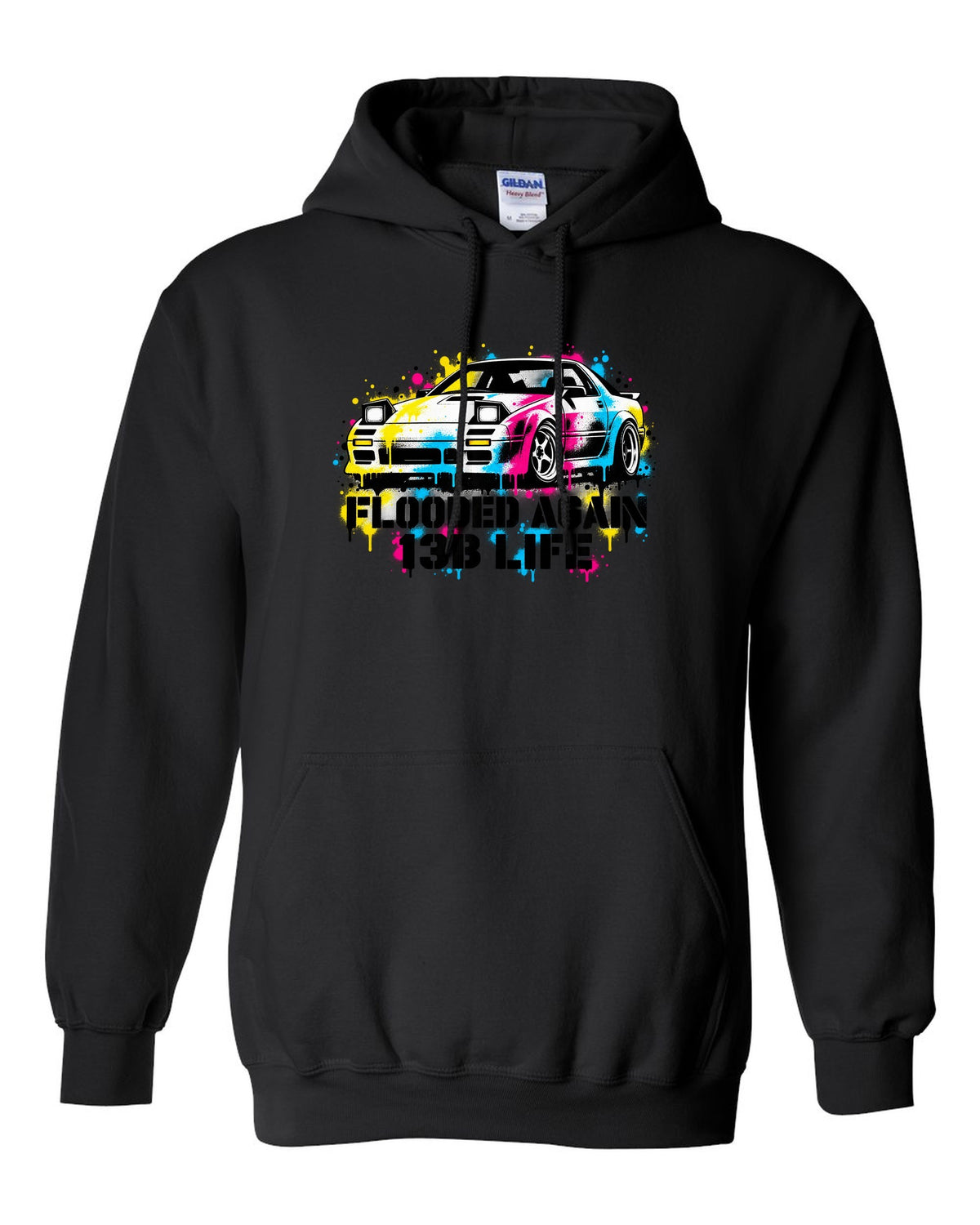 Stencil spray street art print for the Mazda RX-7 FC3S with flooded again 13B life lettering black pull over hoodie front view with the design