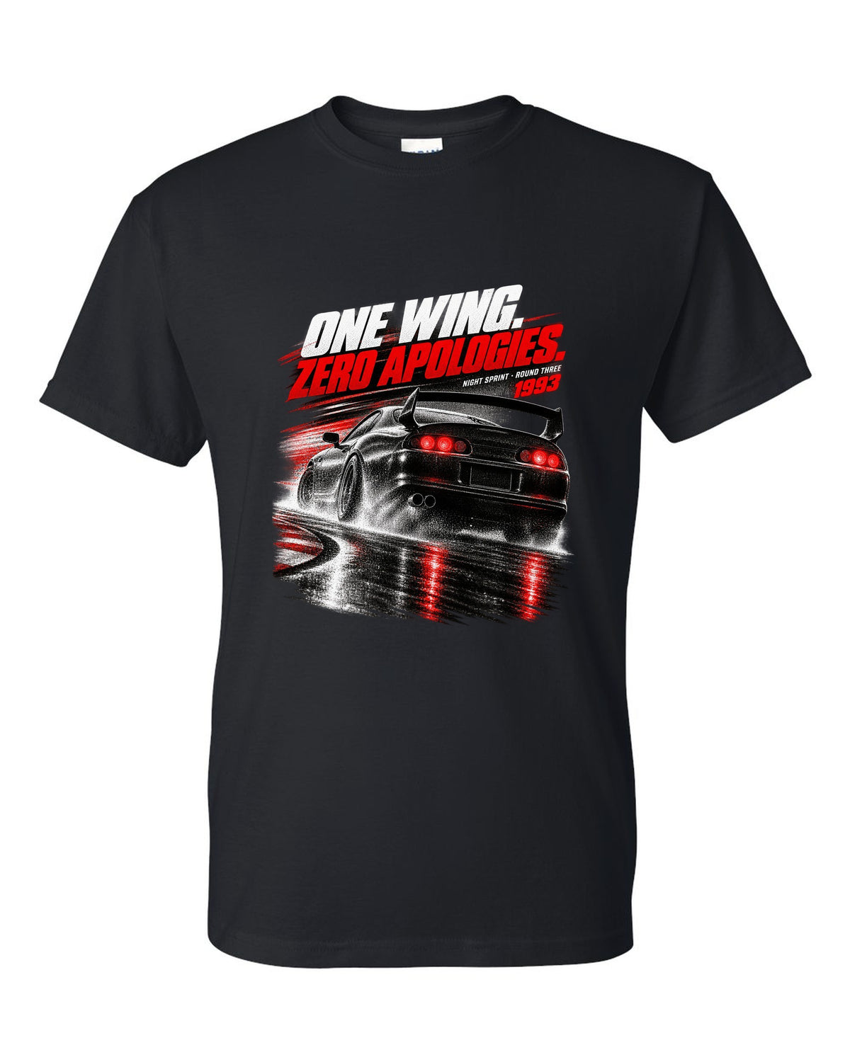 Race poster print of a Toyota Supra A80 JZA80 rear with the text One Wing Zero Apologies Round Three black t-shirt front view with the design
