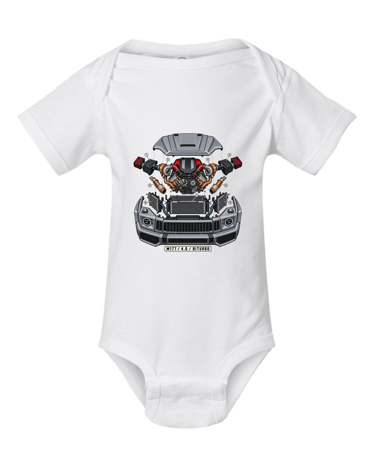 Isometric exploded engine cutaway graphic reading M177 4.0 Biturbo for the Mercedes G63 W464, print white baby onesie front view with the design