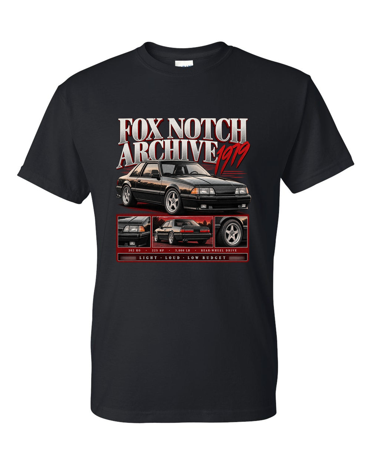 Archive panel print of a Ford Mustang Fox Body notchback coupe with spec lines black t-shirt front view with the design