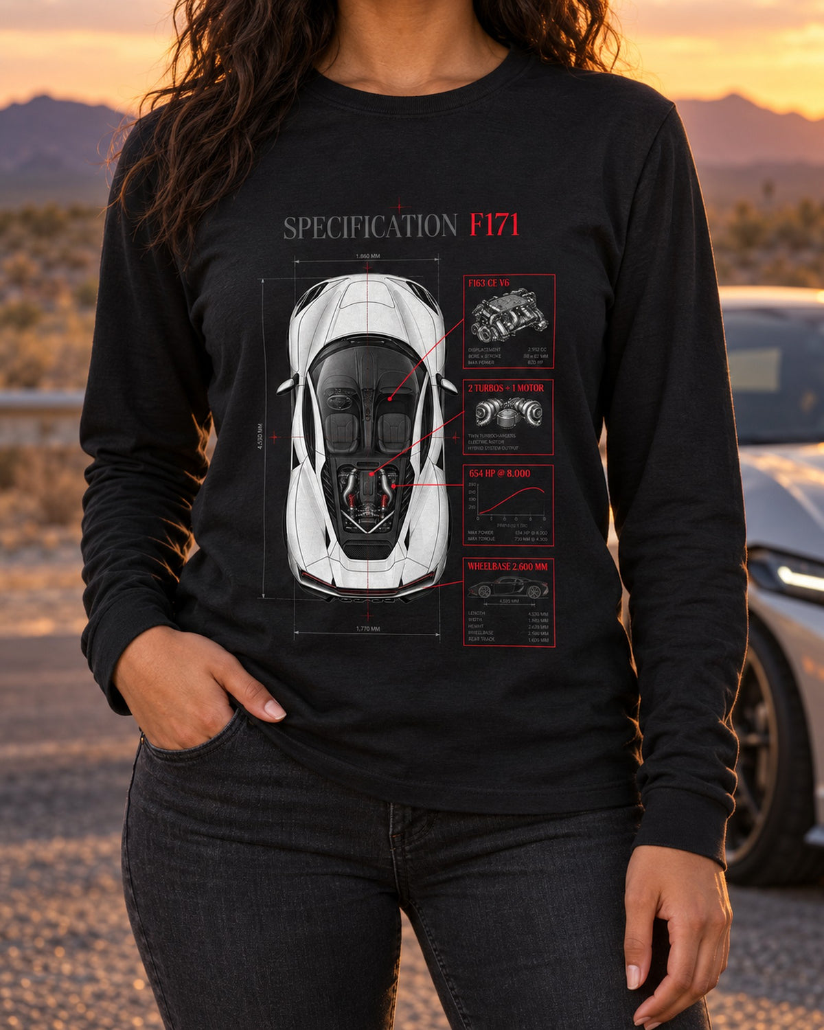 Ferrari 296 GTB F171 Top-Down Spec Poster Shirt Long Sleeve Black worn hero