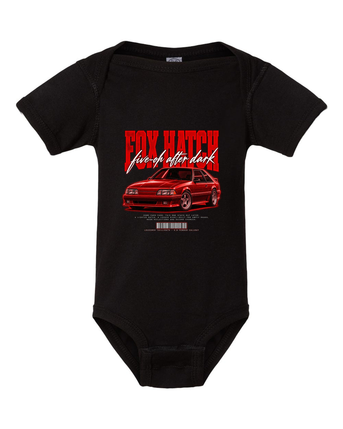 Street poster illustration of a Ford Mustang Fox body GT chback at night, five-oh after dark black baby onesie front view with the design