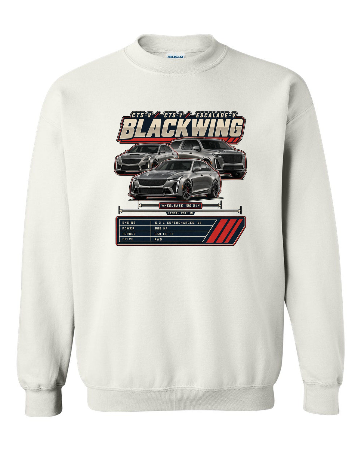 Spec poster print of a Dodge Charger SRT Hellcat Redeye Widebody white crewneck front view with the design