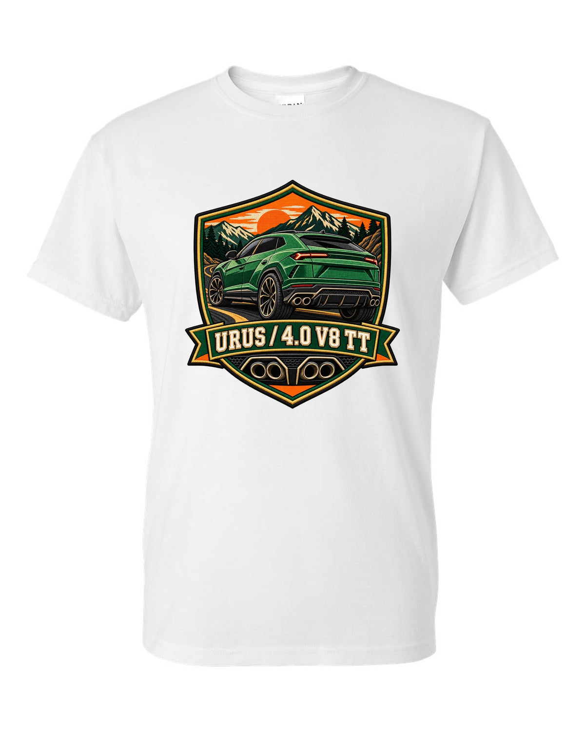 Embroidery-style shield crest of a Lamborghini Urus with 4.0 V8 TT text white t-shirt front view with the design