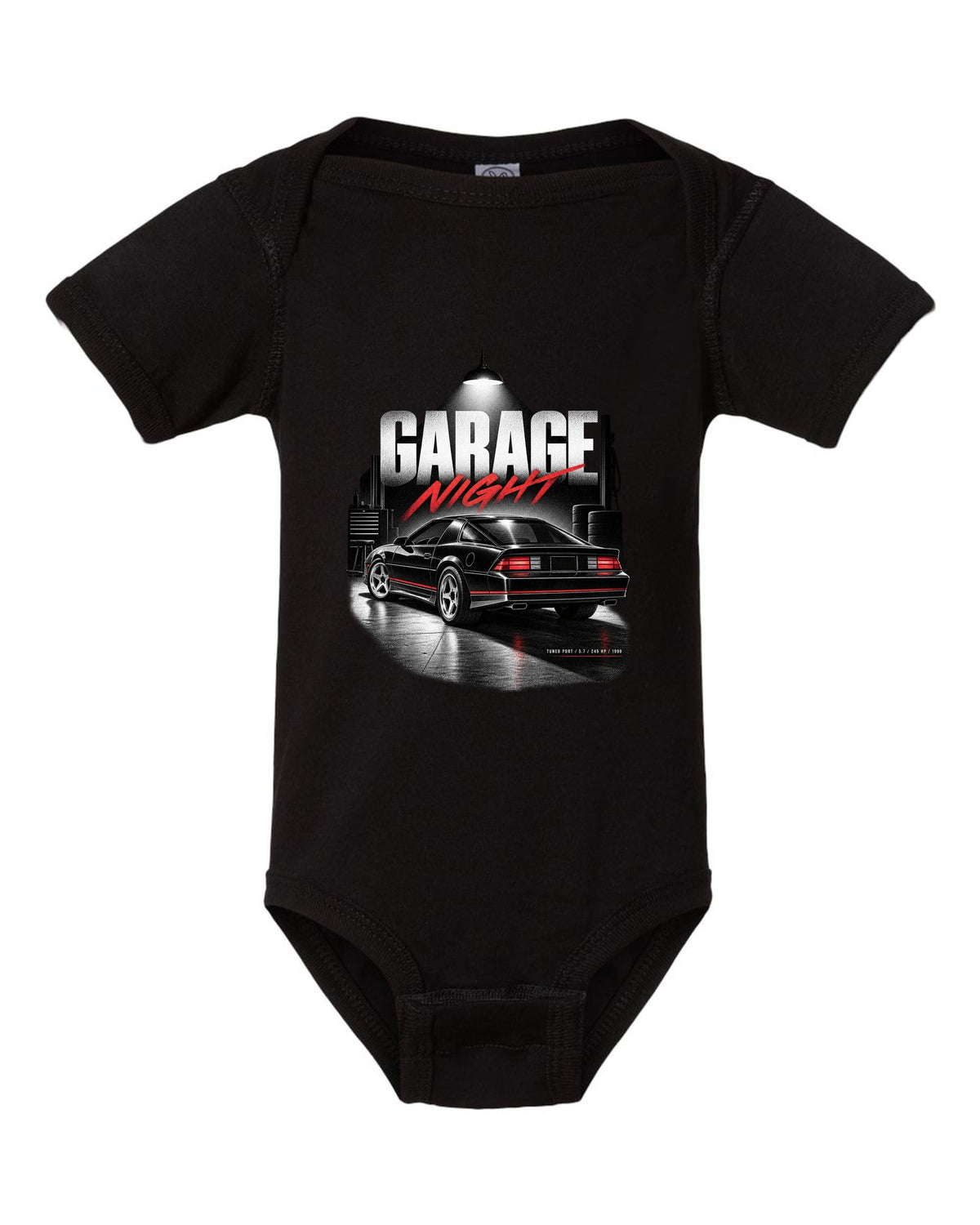 Garage-night print of a 1990 Chevrolet Camaro IROC-Z with tuned port 5.7 245 hp text black baby onesie front view with the design