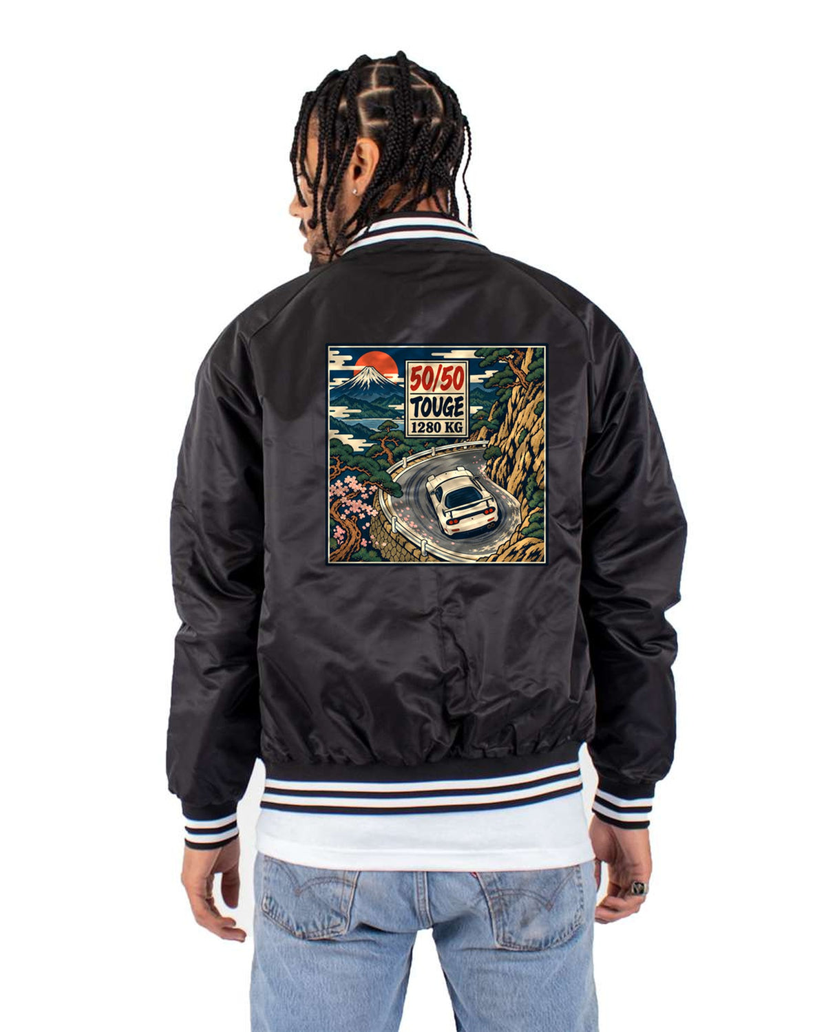 Mazda RX-7 FD3S and SA22C Hiroshima Dusk Lo-Fi Anime Shirt Bomber Jacket Black back