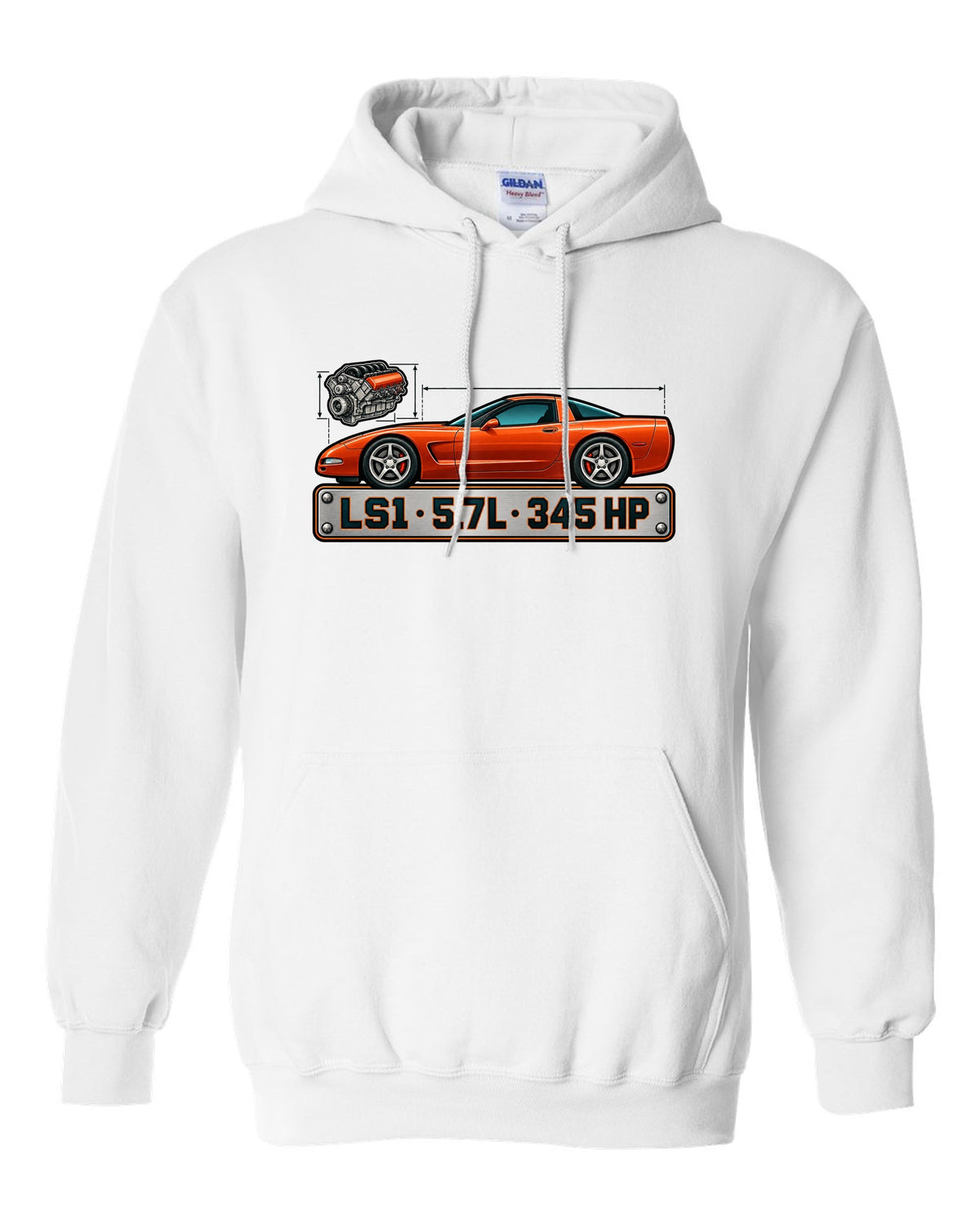Spec-sheet style print of a 1997 Chevrolet Corvette C5 coupe with LS1 5.7L 345 HP lettering white pull over hoodie front view with the design