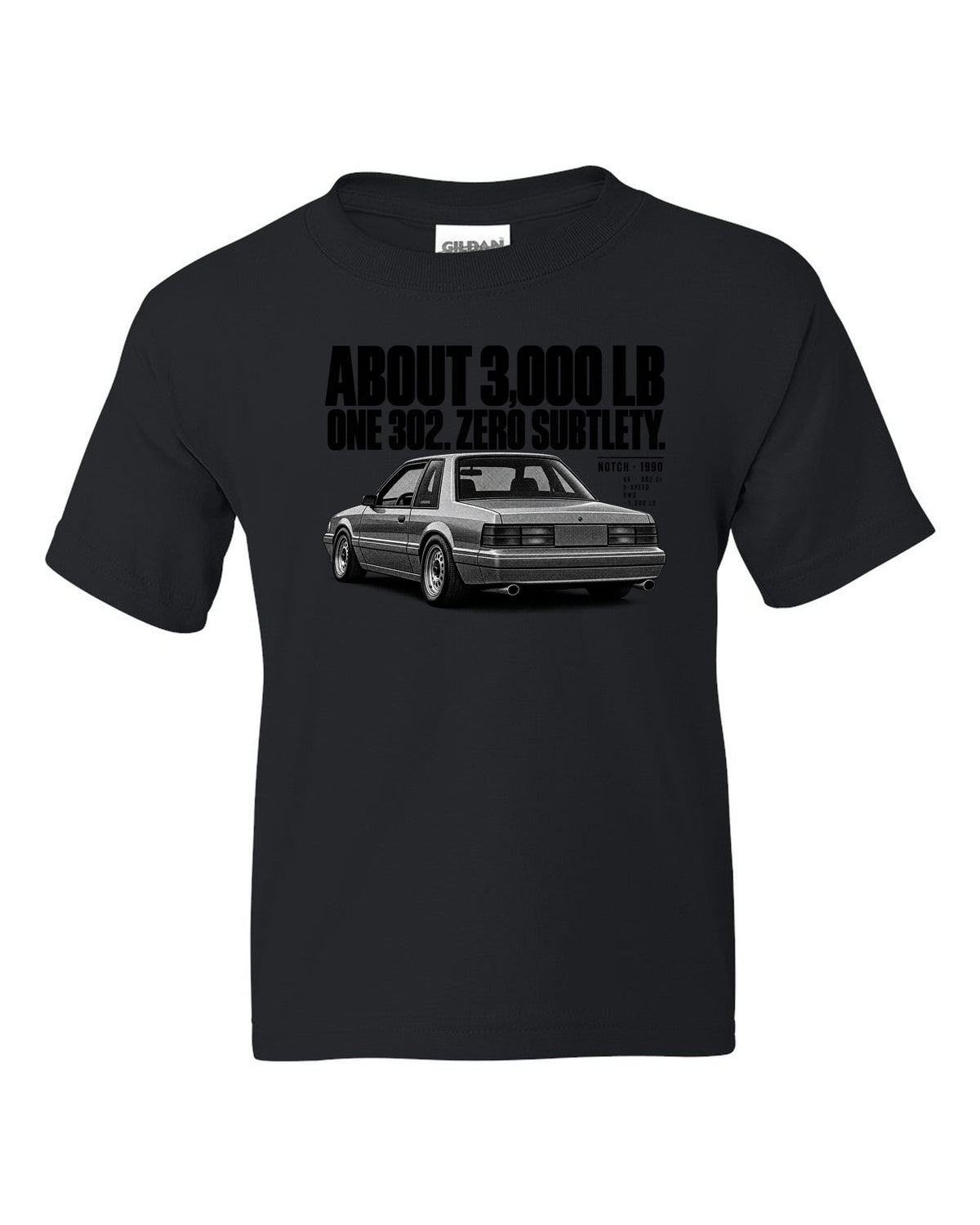 Halftone print of a 1990 Ford Mustang Fox Body LX notchback with spec lines black kids tee front view with the design