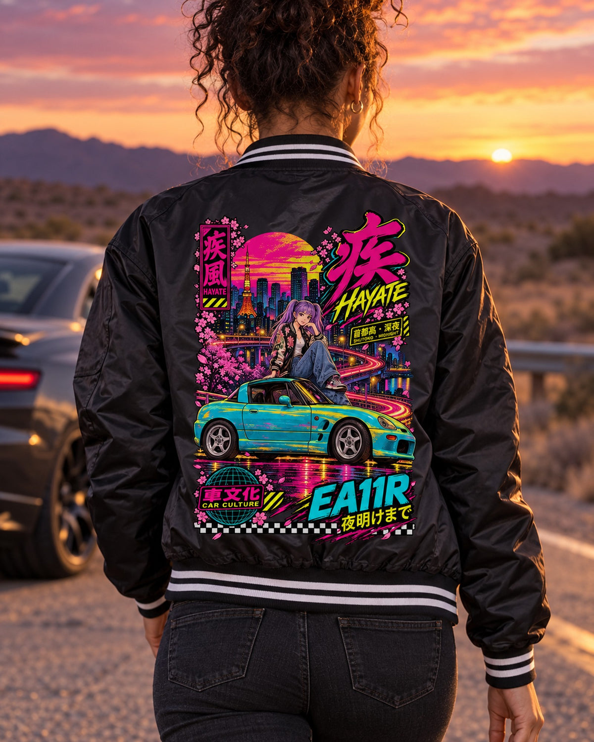 HAYATE EA11R Anime Girl Full-Back Graphic Tee Bomber Jacket Black worn hero