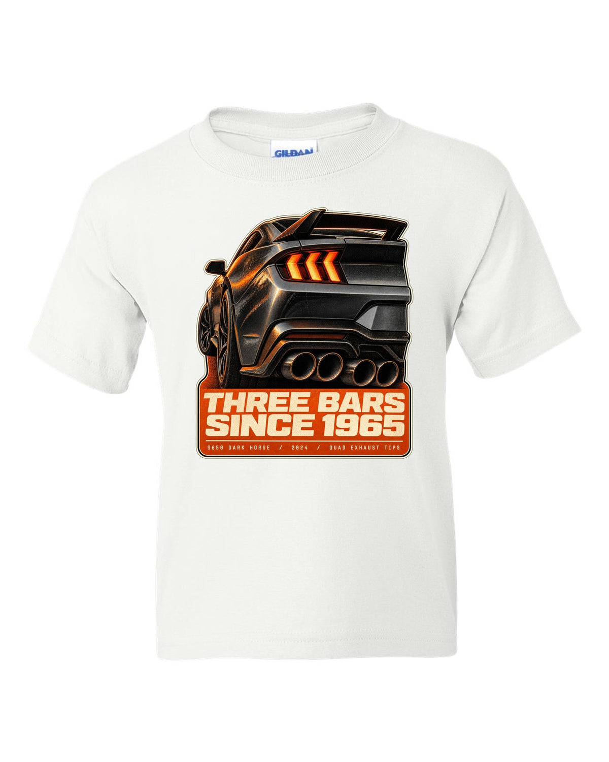 Ford Mustang S650 Dark Horse taillight macro print with quad exhaust tip text white kids tee front view with the design