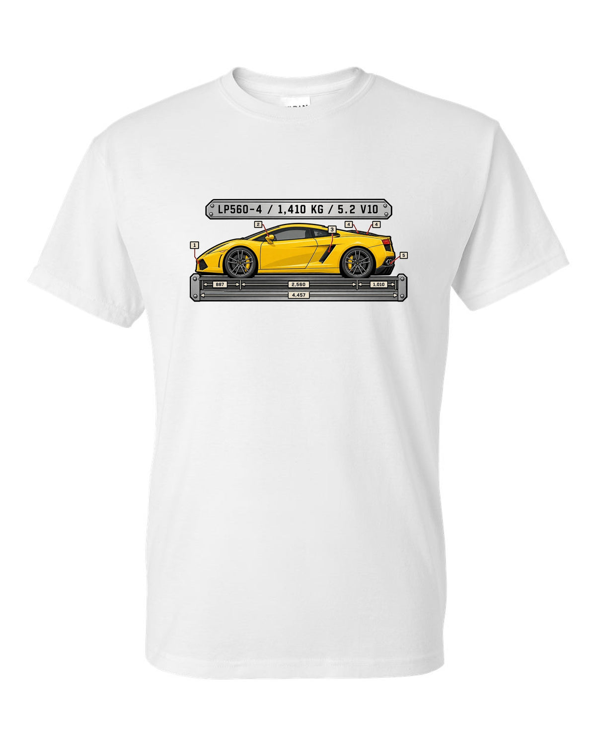 Spec-sheet data plate design for a Lamborghini Gallardo LP560-4 with weight and engine text white t-shirt front view with the design