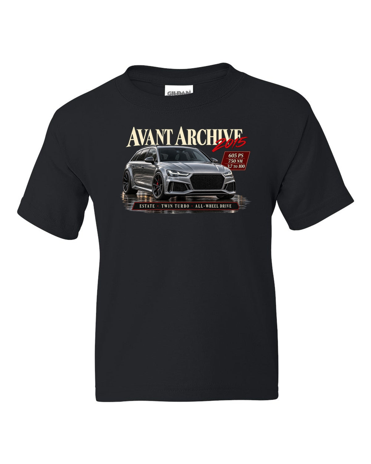 Audi RS6 Avant C7 Performance front three-quarter in an archive panel with 605 PS spec text black kids tee front view with the design