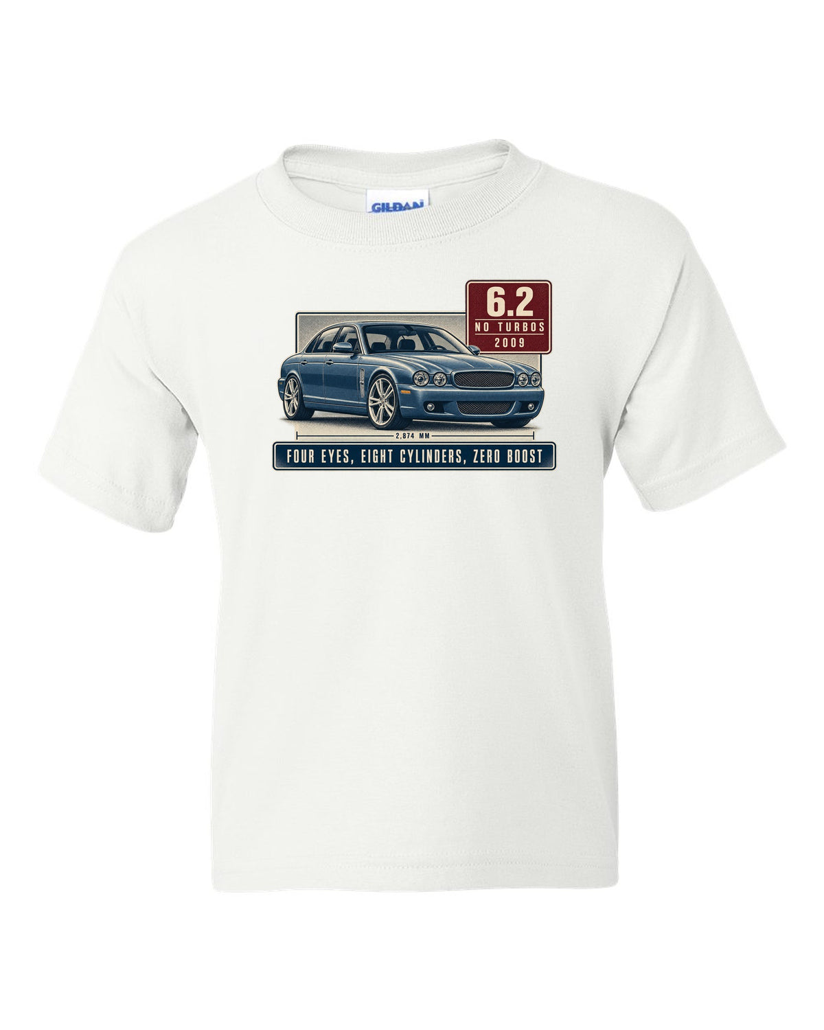 Editorial headline print of a silver-blue Mercedes-AMG E63 W212 pre-facelift white kids tee front view with the design