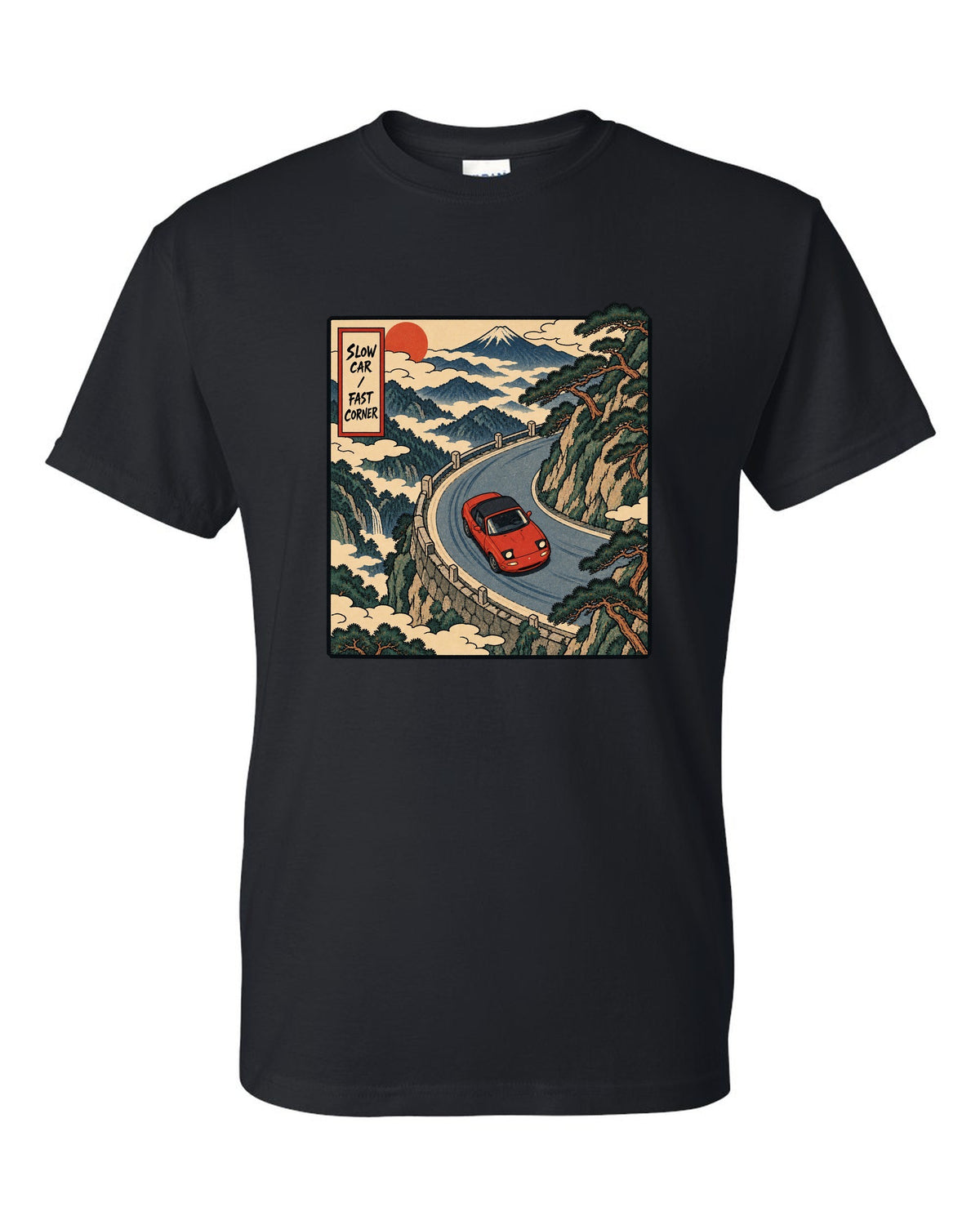 Flat silhouette row of Mazda MX-5 NA, NB, NC and ND generations black t-shirt front view with the design