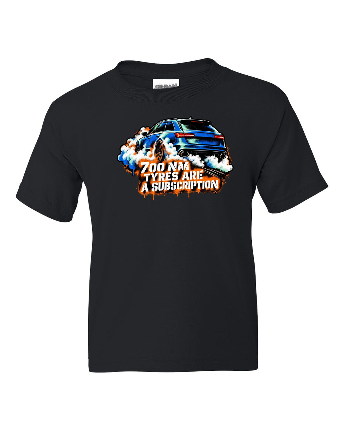Stencil spray street art design of the Audi RS6 Avant C7 4G with 700 Nm and tyres are a subscription lettering black kids tee front view with the design