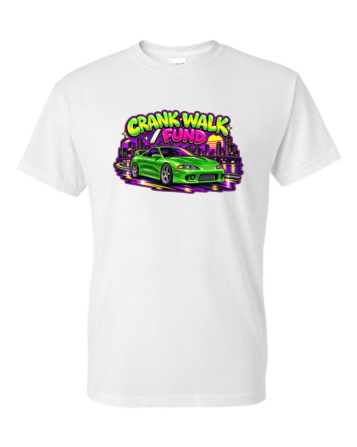 Retro 90s Saturday-morning cartoon style print of a green Mitsubishi Eclipse GSX 2G with crank walk fund text white t-shirt front view with the design