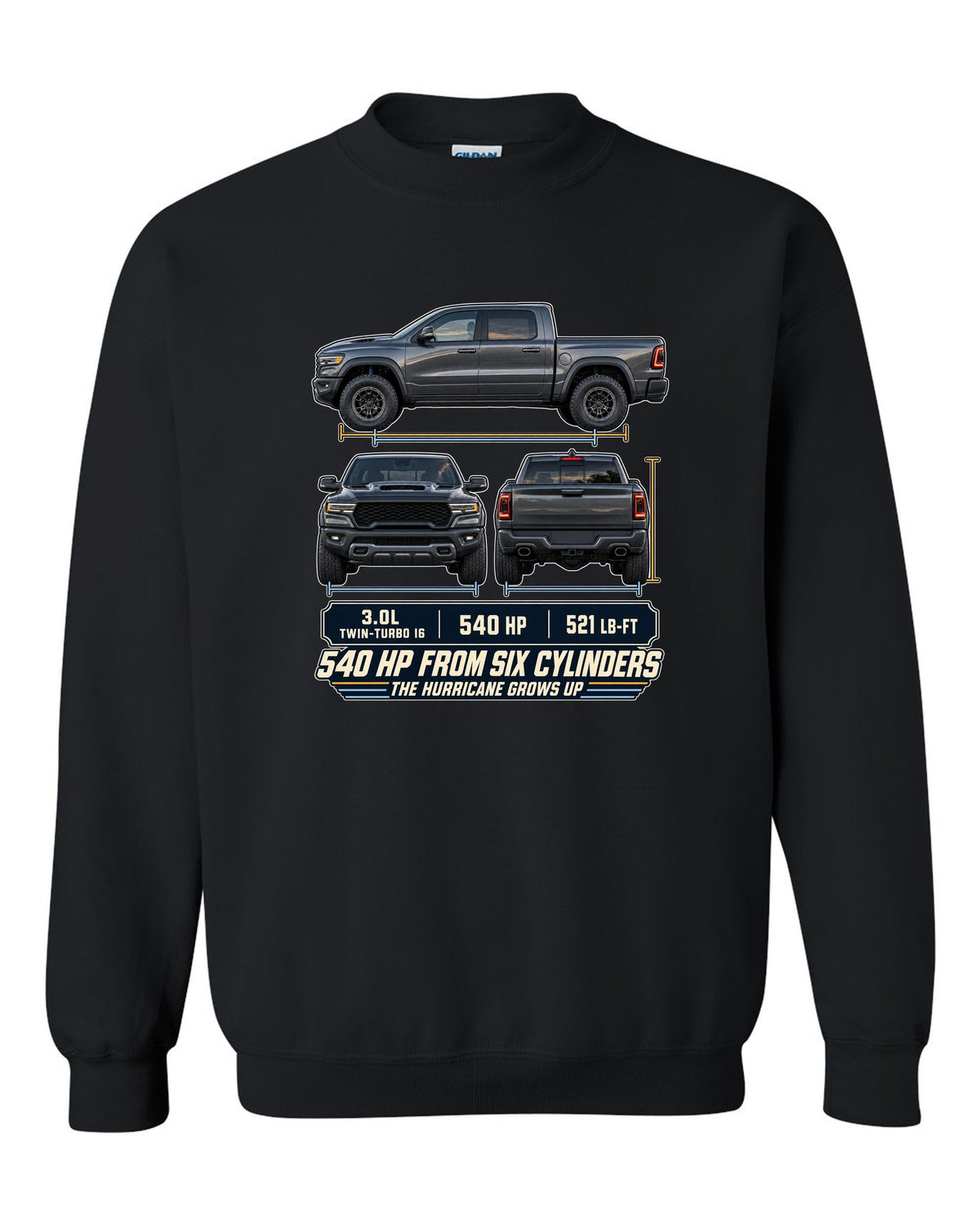 Ram 1500 RHO 2025 three-view drawing with spec table print black crewneck front view with the design