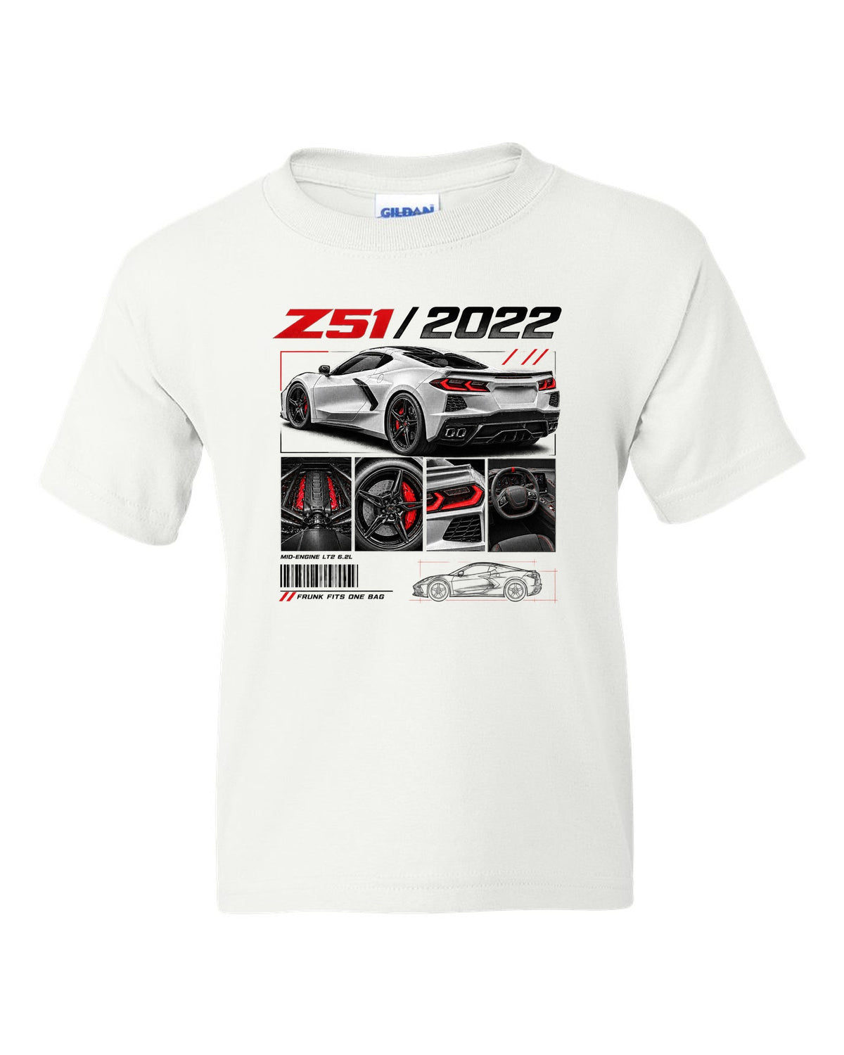 Corvette C8 Stingray Z51 2022 in dossier panels white kids tee front view with the design