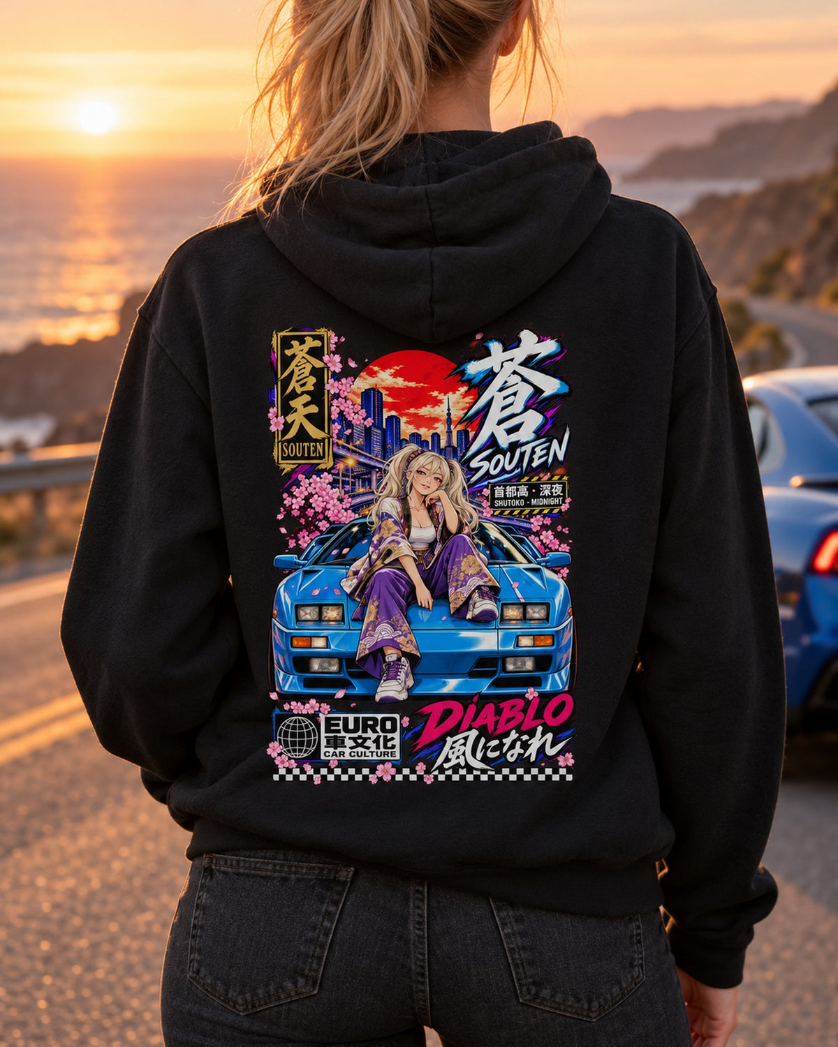SOUTEN DIABLO Anime Girl Full-Back Graphic Tee Pull Over Hoodie Black worn hero