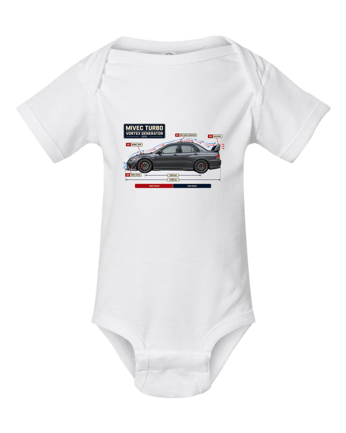 Lancer Evolution IX Aero Callout Diagram Tee, MIVEC Turbo white baby onesie front view with the design