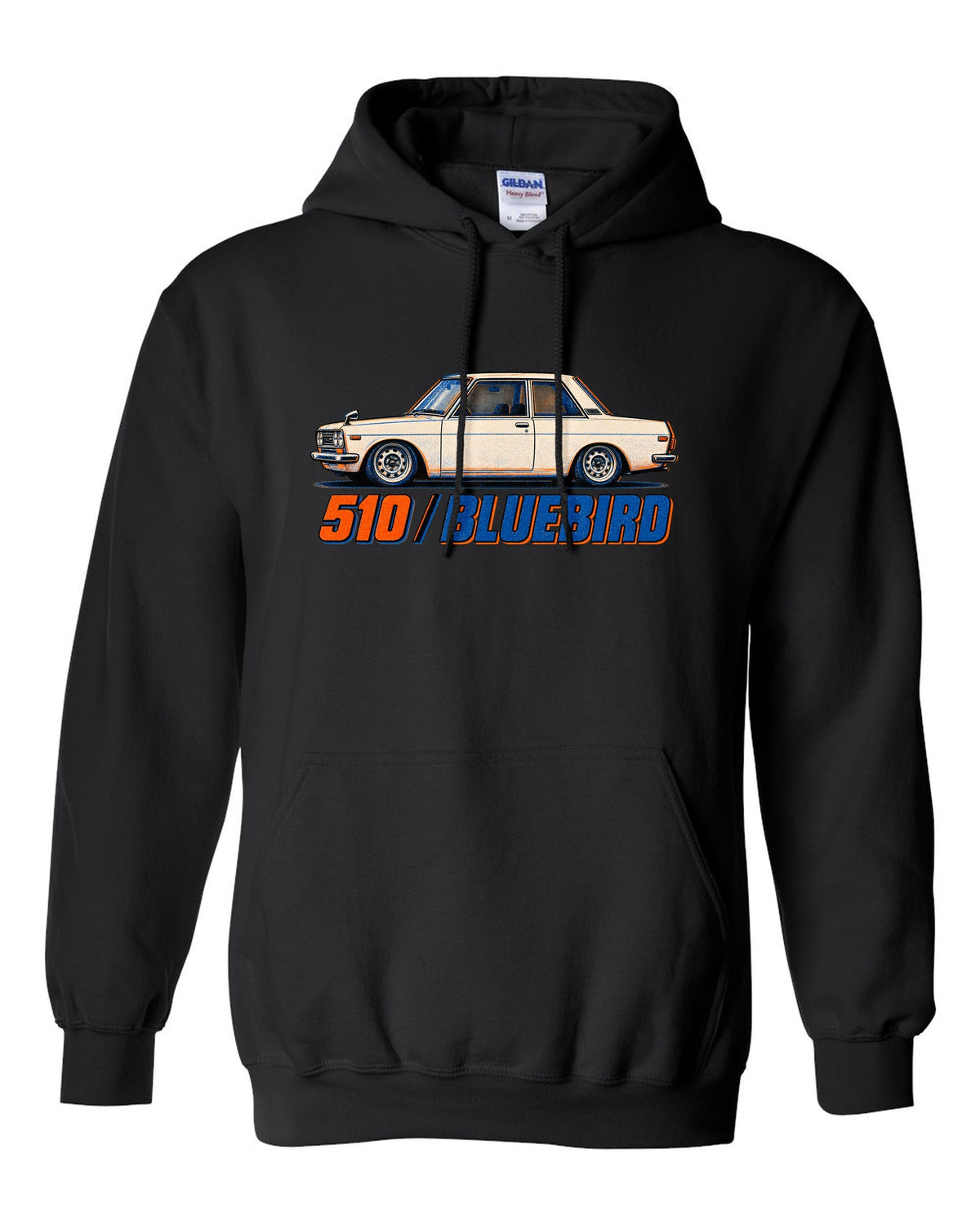 Risograph box print of the Datsun 510 Bluebird with 510 Bluebird lettering black pull over hoodie front view with the design
