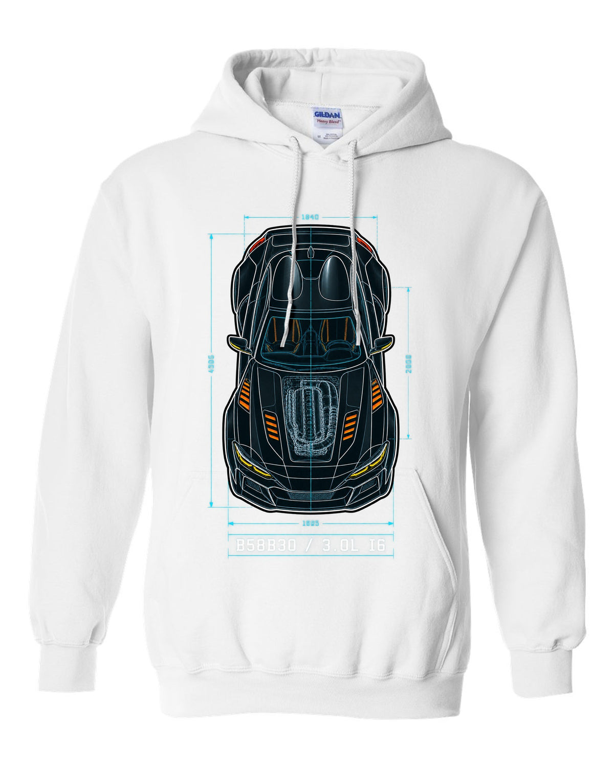 Patent-style overhead blueprint of the B58B30 3.0L inline-six in the Toyota GR Supra A90 white pull over hoodie front view with the design