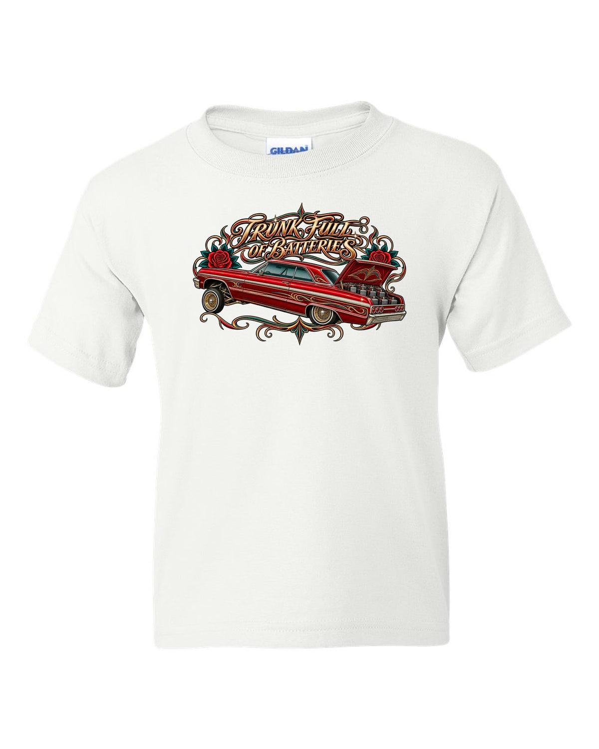 Lowrider airbrush flash illustration of a 1964 Chevrolet Impala SS with pinstripe scrolls and roses white kids tee front view with the design