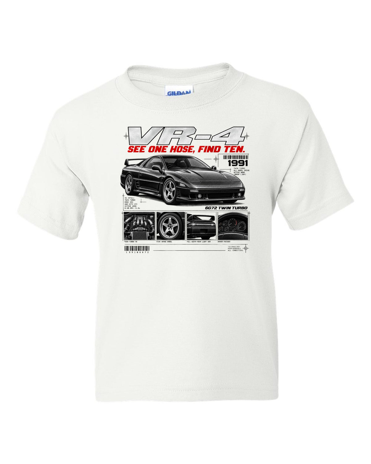 Mitsubishi 3000GT VR-4 Z16A dossier panel print with 6G72 twin turbo text white kids tee front view with the design