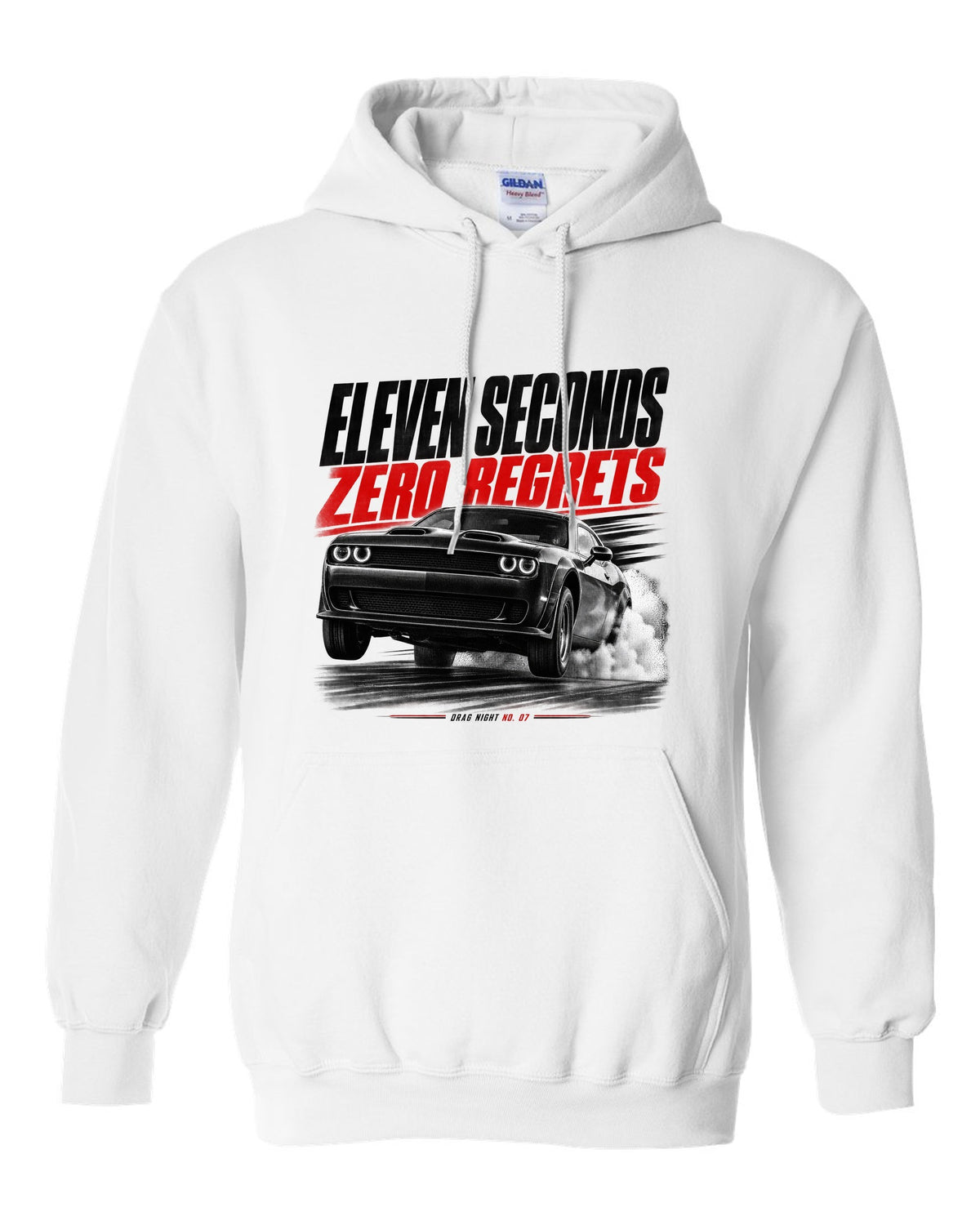 Race poster print of a 2019 Dodge Challenger Hellcat Redeye for Drag Night No. 07 white pull over hoodie front view with the design
