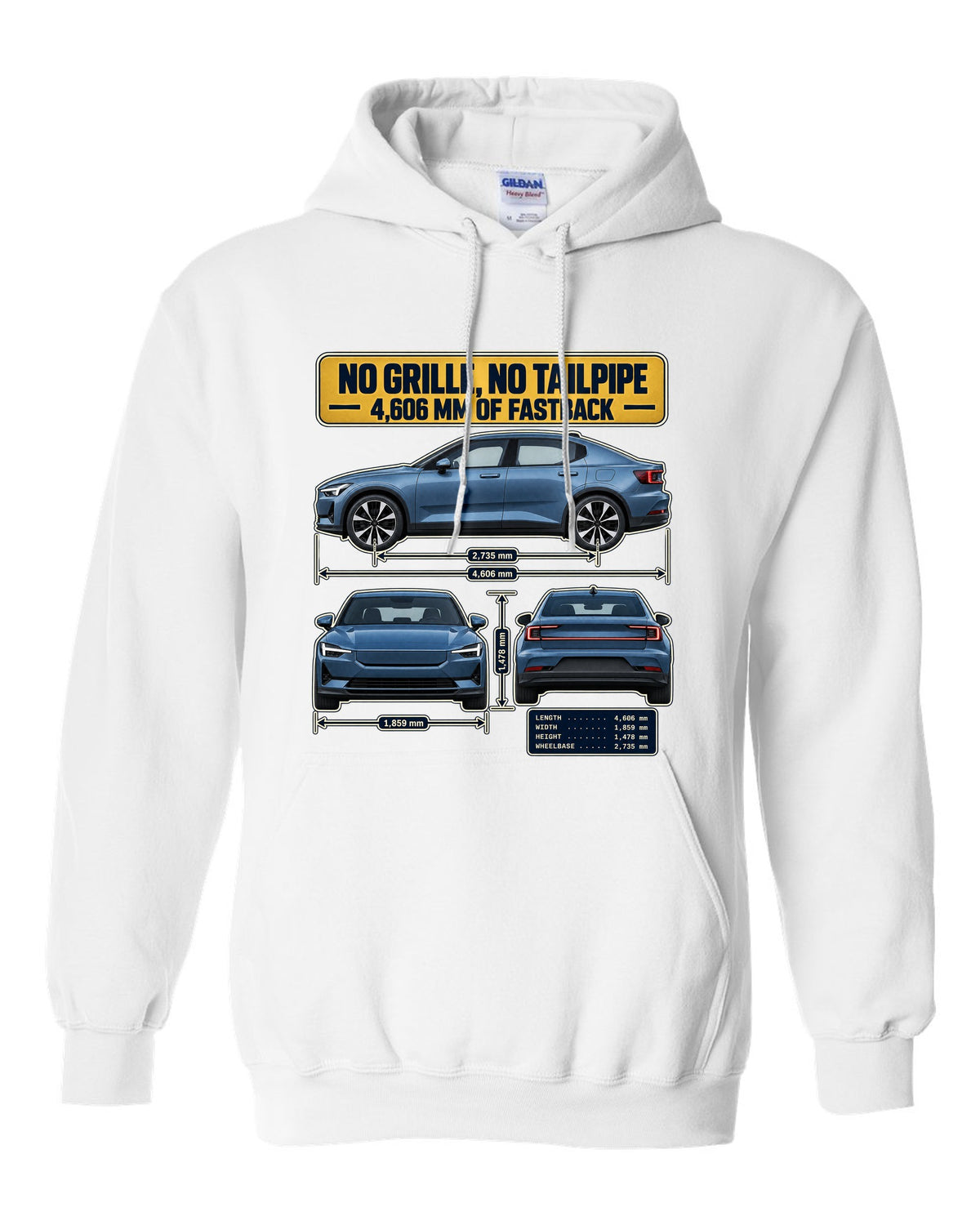 Three-view spec table print of a Polestar 2 fastback 2020-2023 white pull over hoodie front view with the design