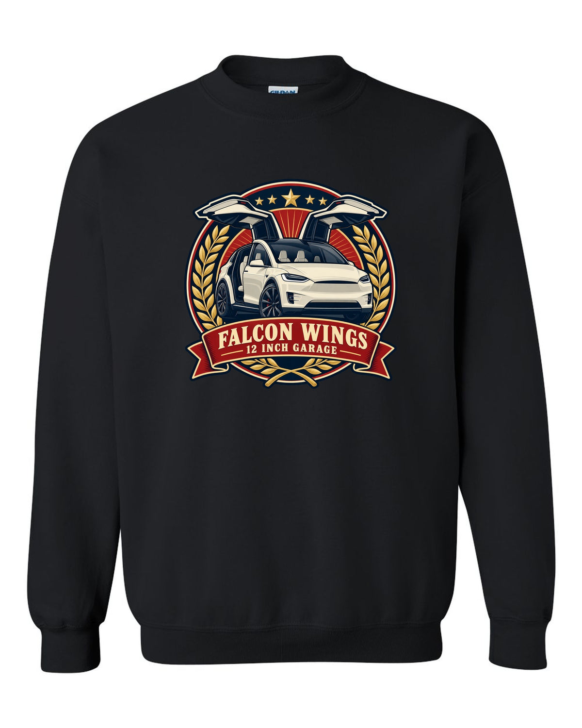 Vintage badge illustration print of a Tesla Model X with falcon wing doors reading Falcon Wings 12 Inch Garage black crewneck front view with the design