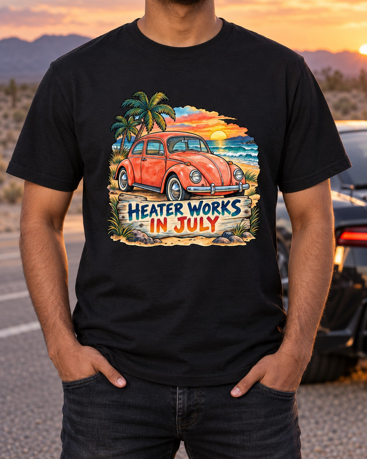 VW Beetle Type 1 Beach Sunset Watercolour Tee, Heater Joke T-Shirt Black worn hero