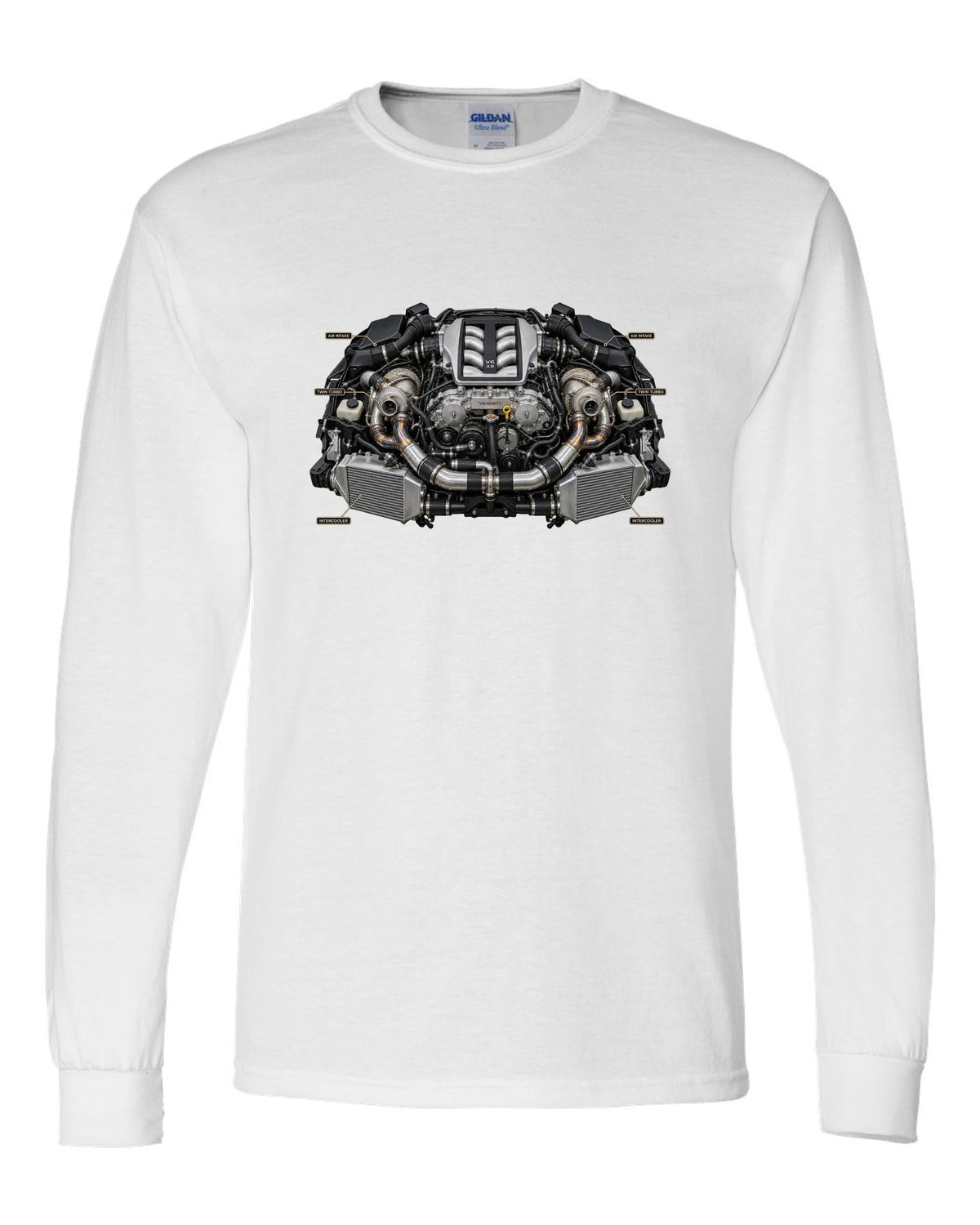 Nissan GT-R R35 Nismo three-view spec table print in graphite grey and red white long sleeve front view with the design